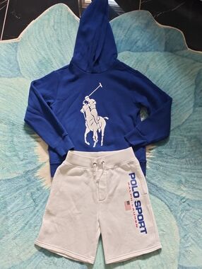 Polo by Ralph Lauren Blue Polo Player Hoodie with White Polo Sport Shorts